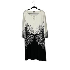 Haani Dress Black White Knee Sheath Artsy Print Office Long Flutter Sleeve SZ XL